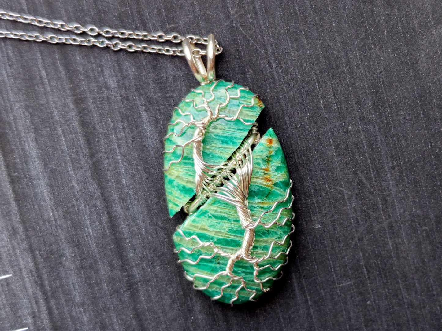 Tree pendant with a broken amazonite gemstone