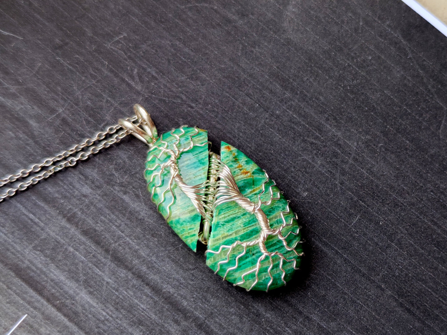 Tree pendant with a broken amazonite gemstone