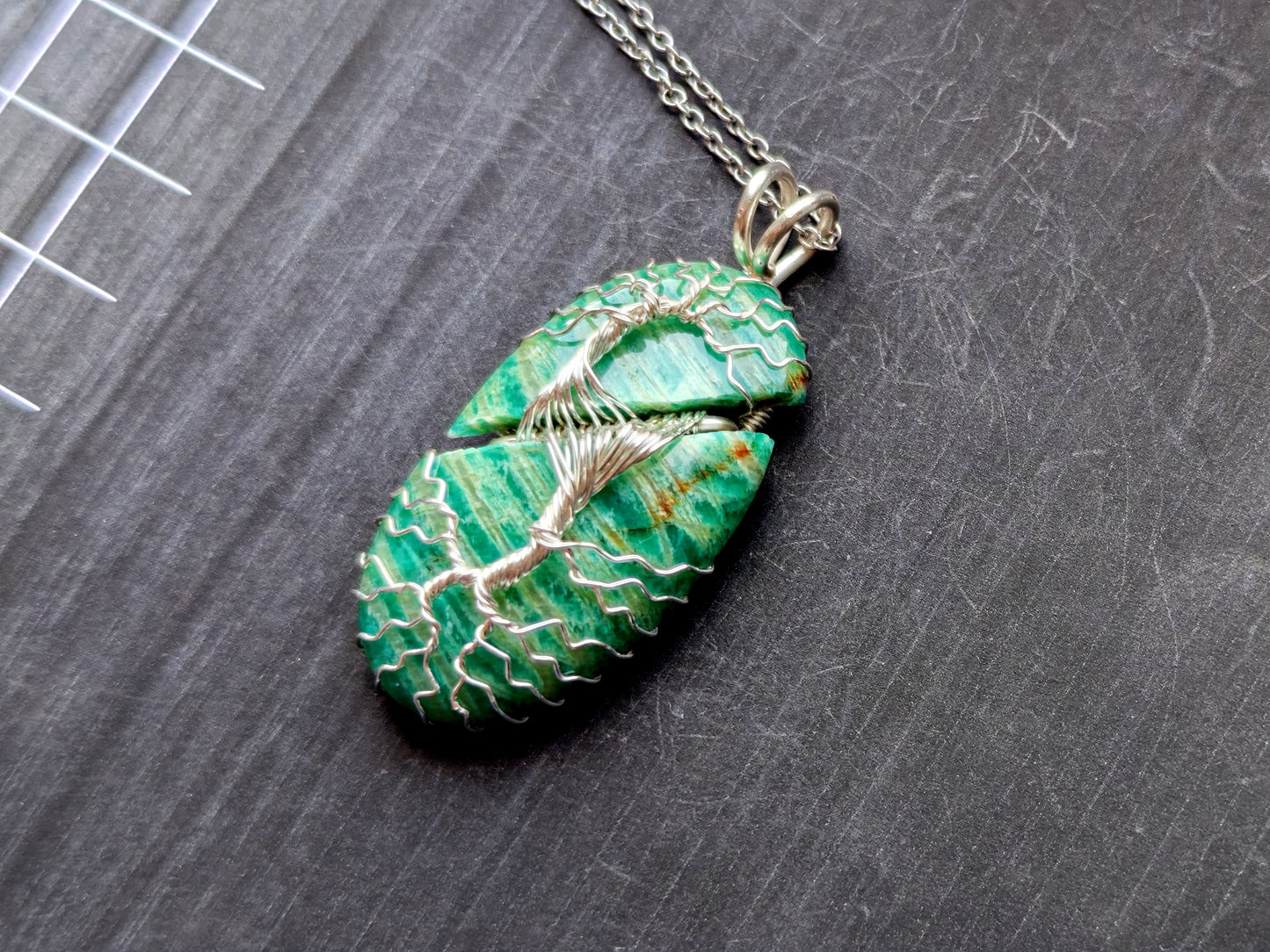 Tree pendant with a broken amazonite gemstone