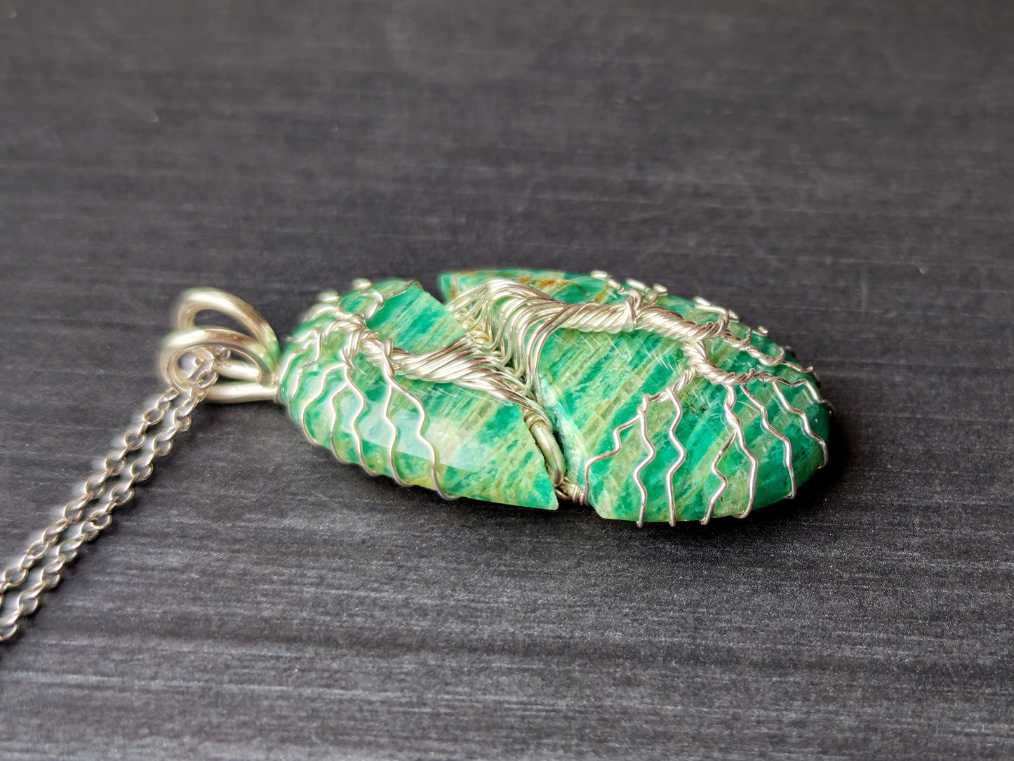 Tree pendant with a broken amazonite gemstone