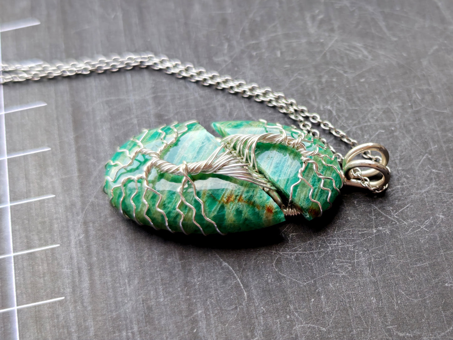 Tree pendant with a broken amazonite gemstone