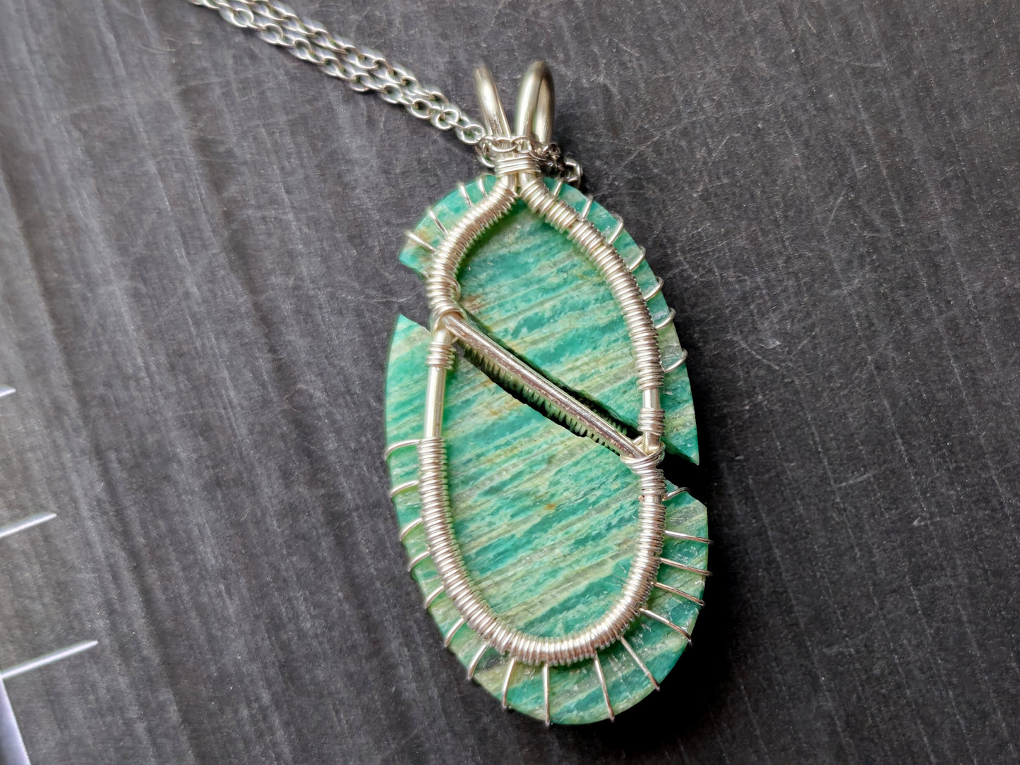 Tree pendant with a broken amazonite gemstone