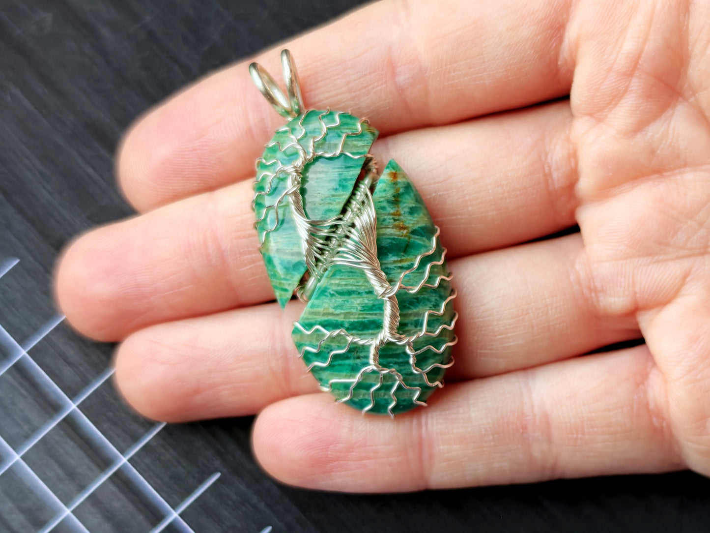 Tree pendant with a broken amazonite gemstone