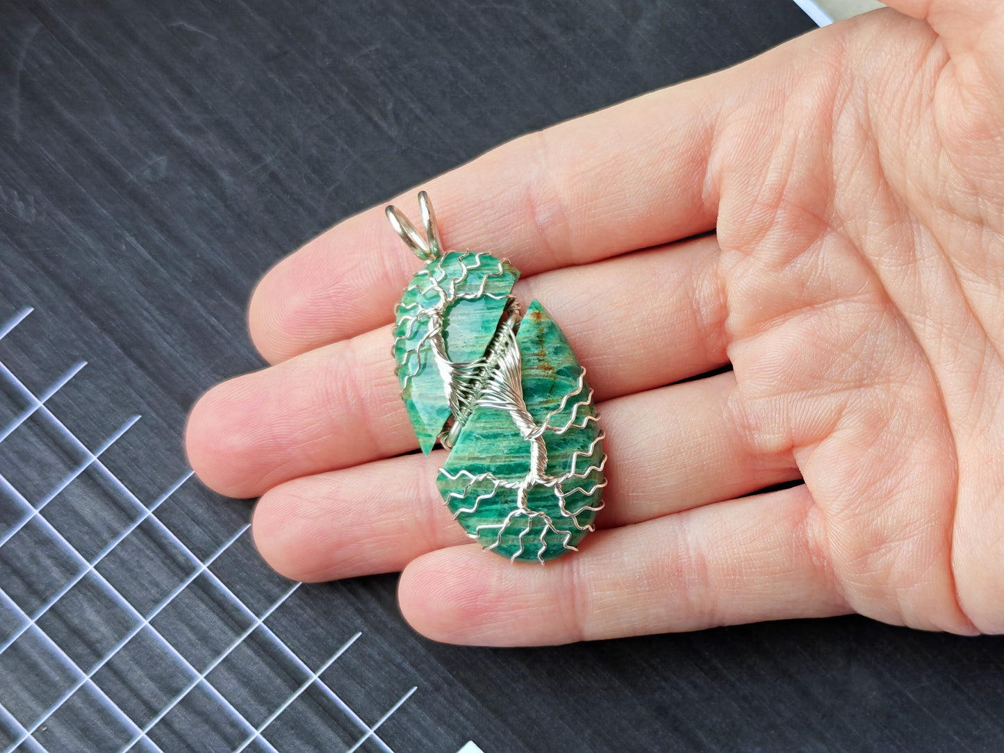 Tree pendant with a broken amazonite gemstone