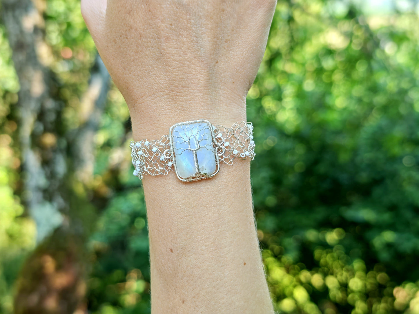 Wire crochet tree bracelet with a moonstone