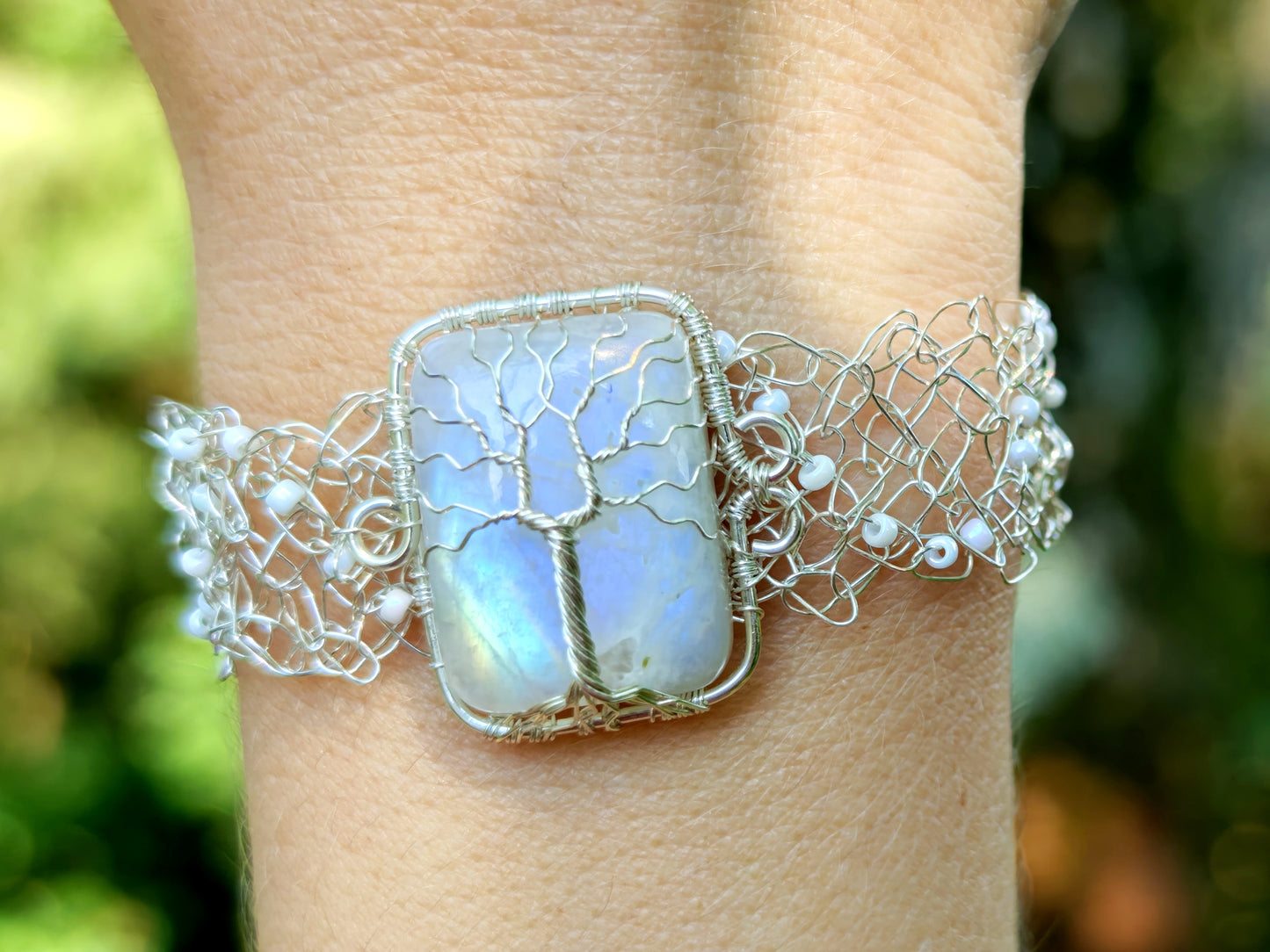 Wire crochet tree bracelet with a moonstone