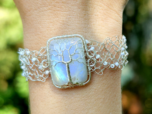 Wire crochet tree bracelet with a moonstone