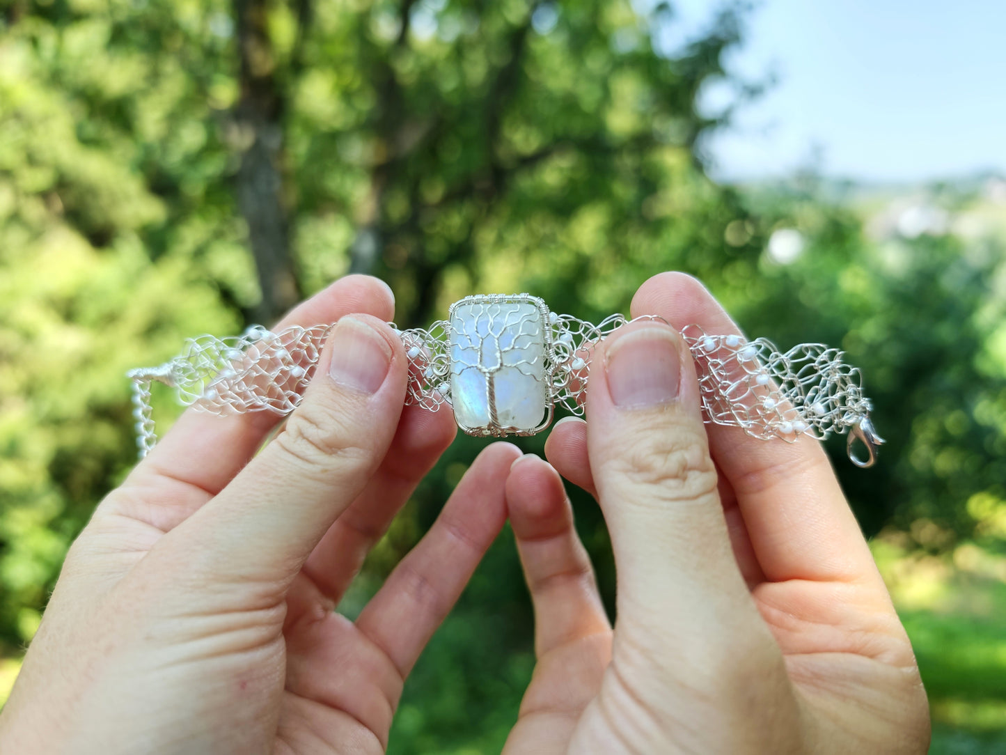 Wire crochet tree bracelet with a moonstone
