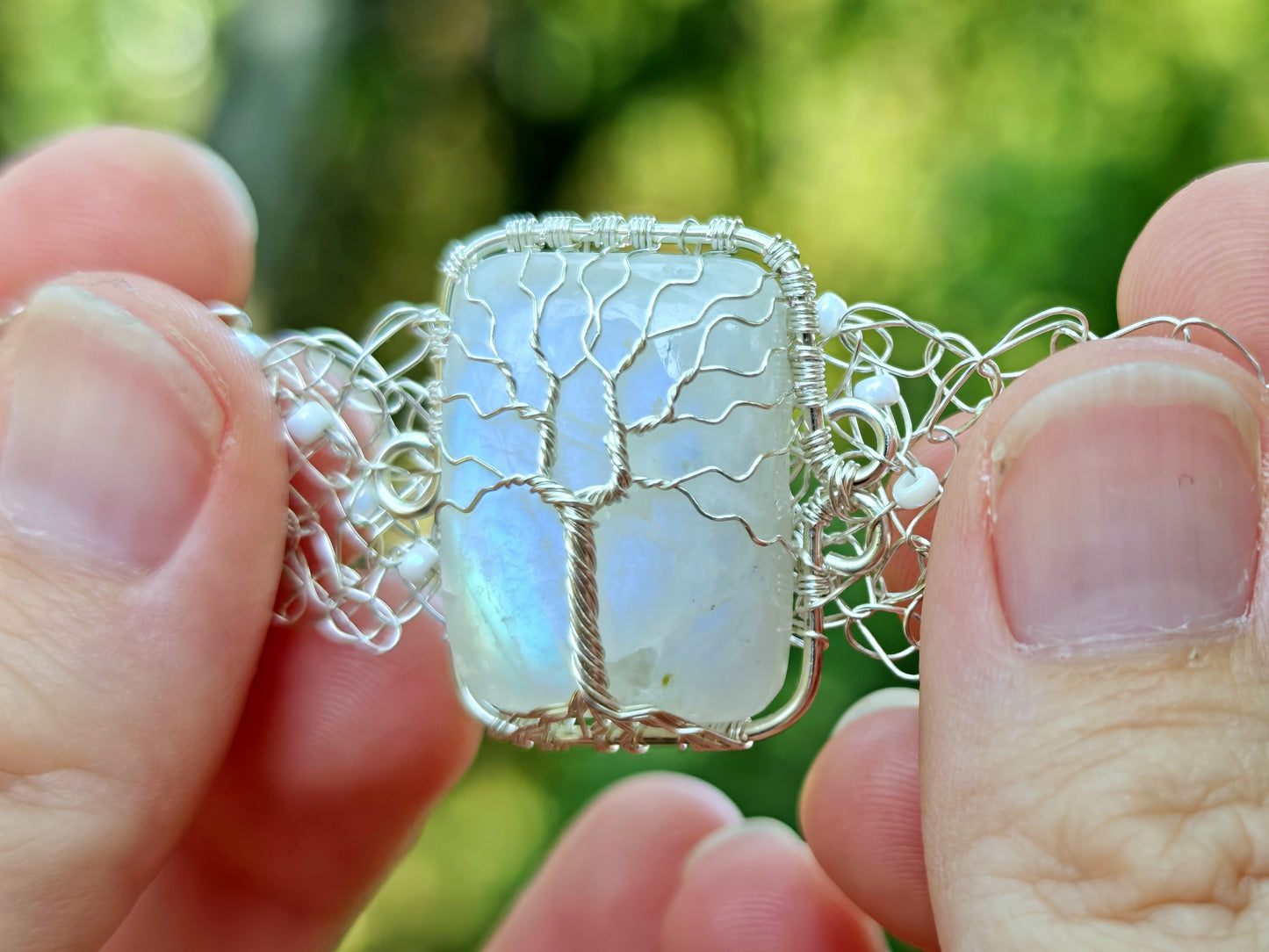 Wire crochet tree bracelet with a moonstone