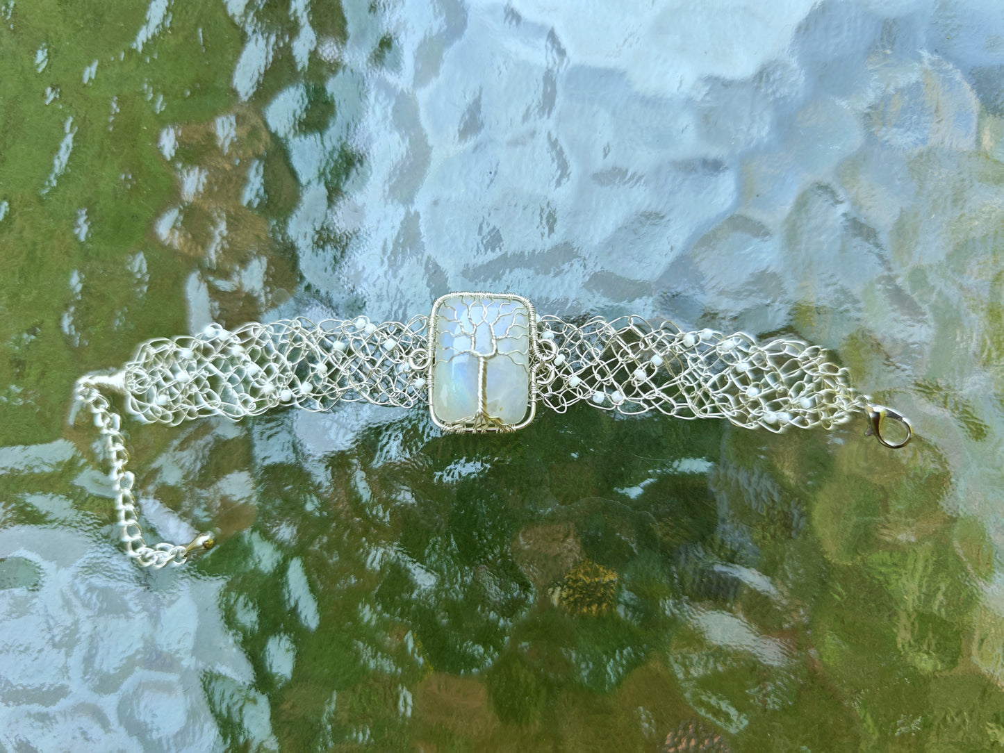 Wire crochet tree bracelet with a moonstone