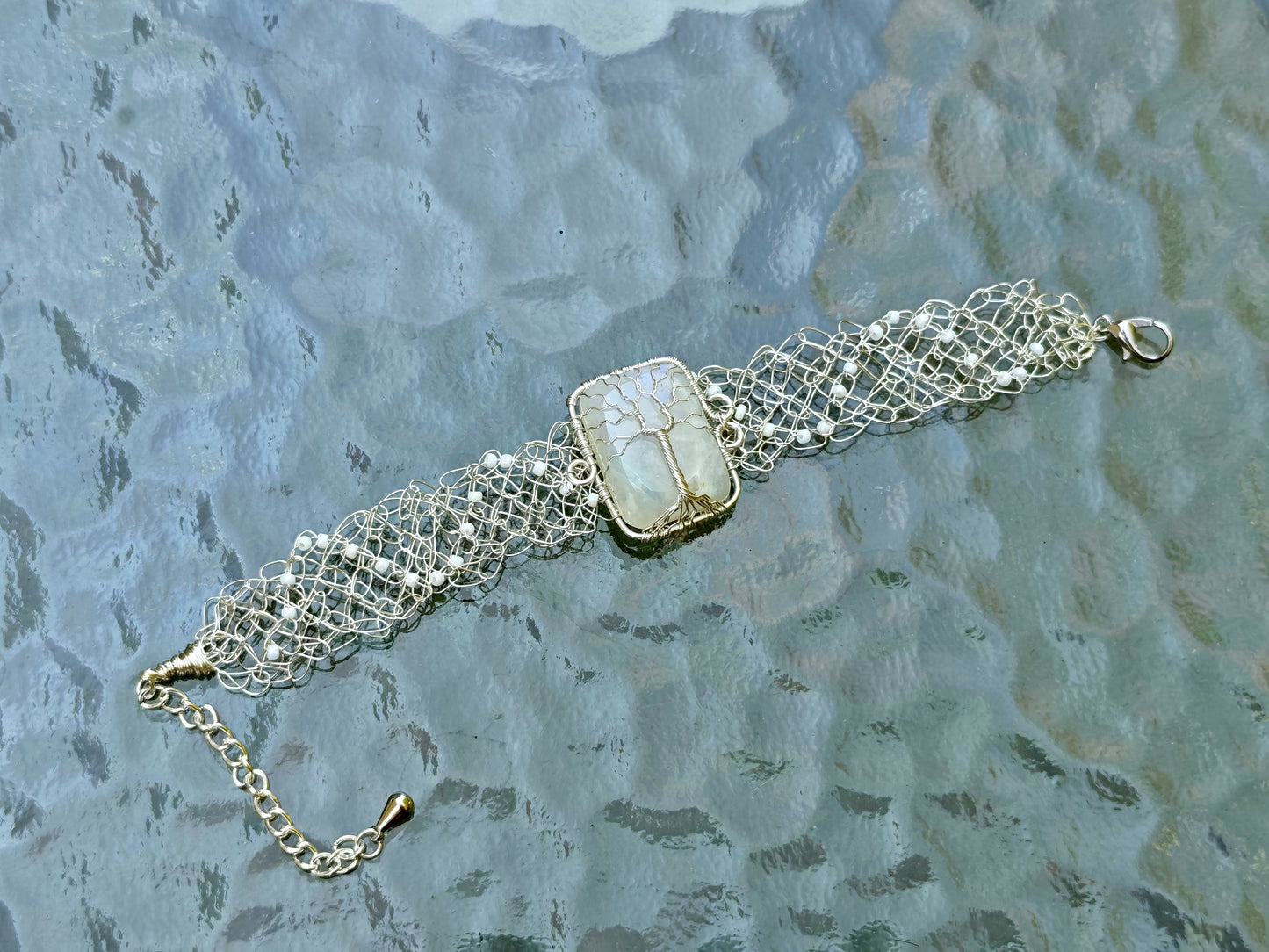 Wire crochet tree bracelet with a moonstone