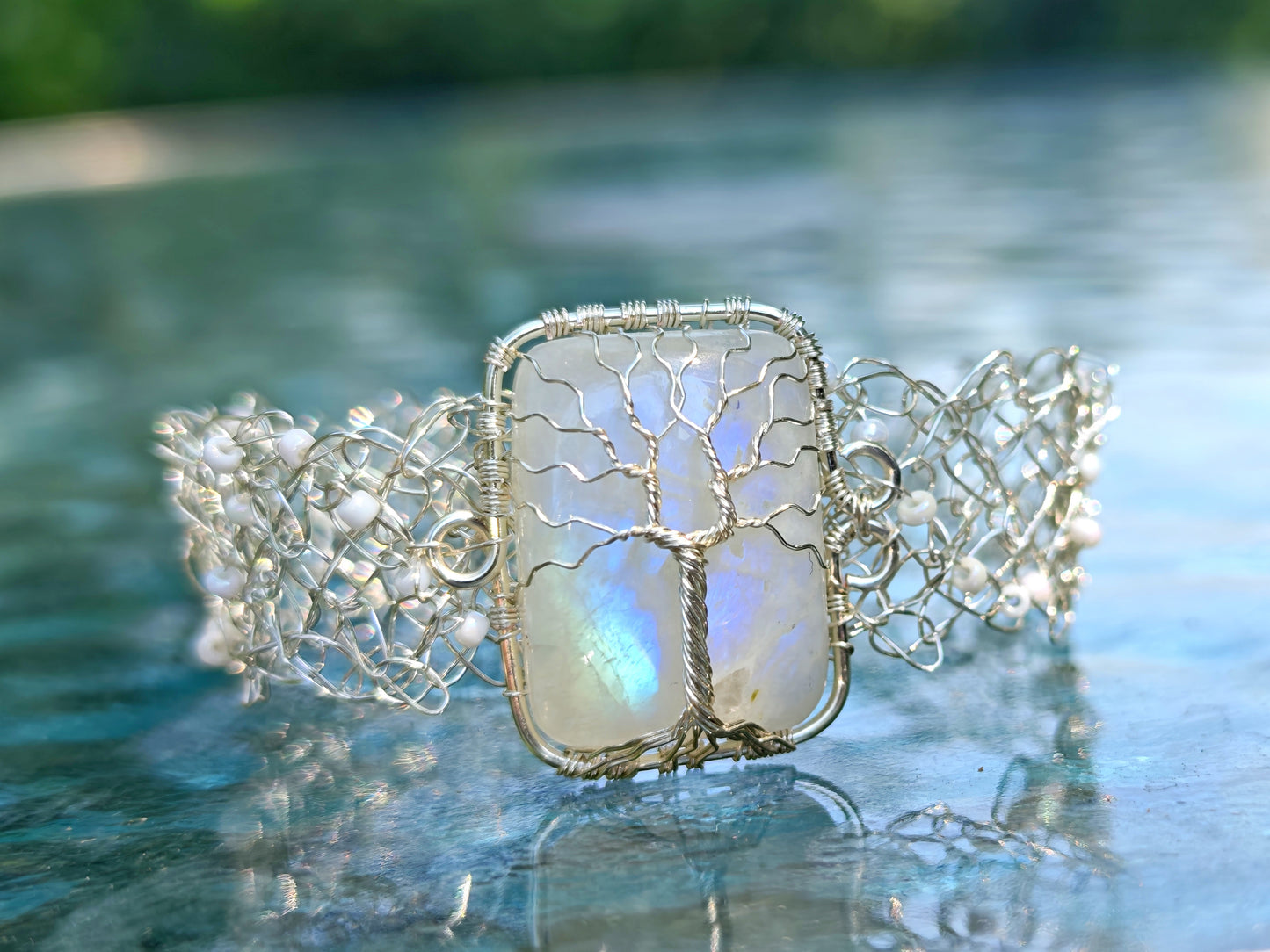 Wire crochet tree bracelet with a moonstone