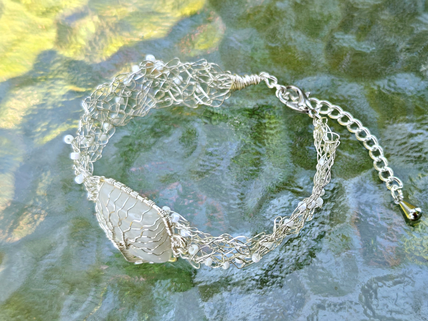 Wire crochet tree bracelet with a moonstone