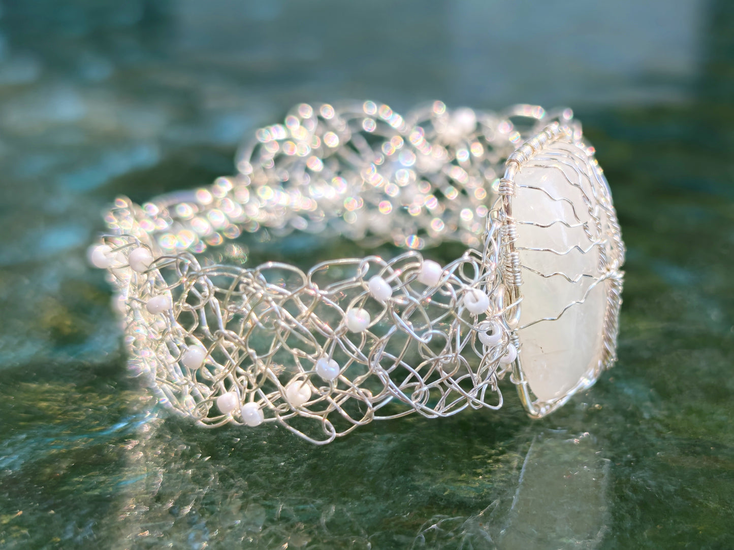 Wire crochet tree bracelet with a moonstone