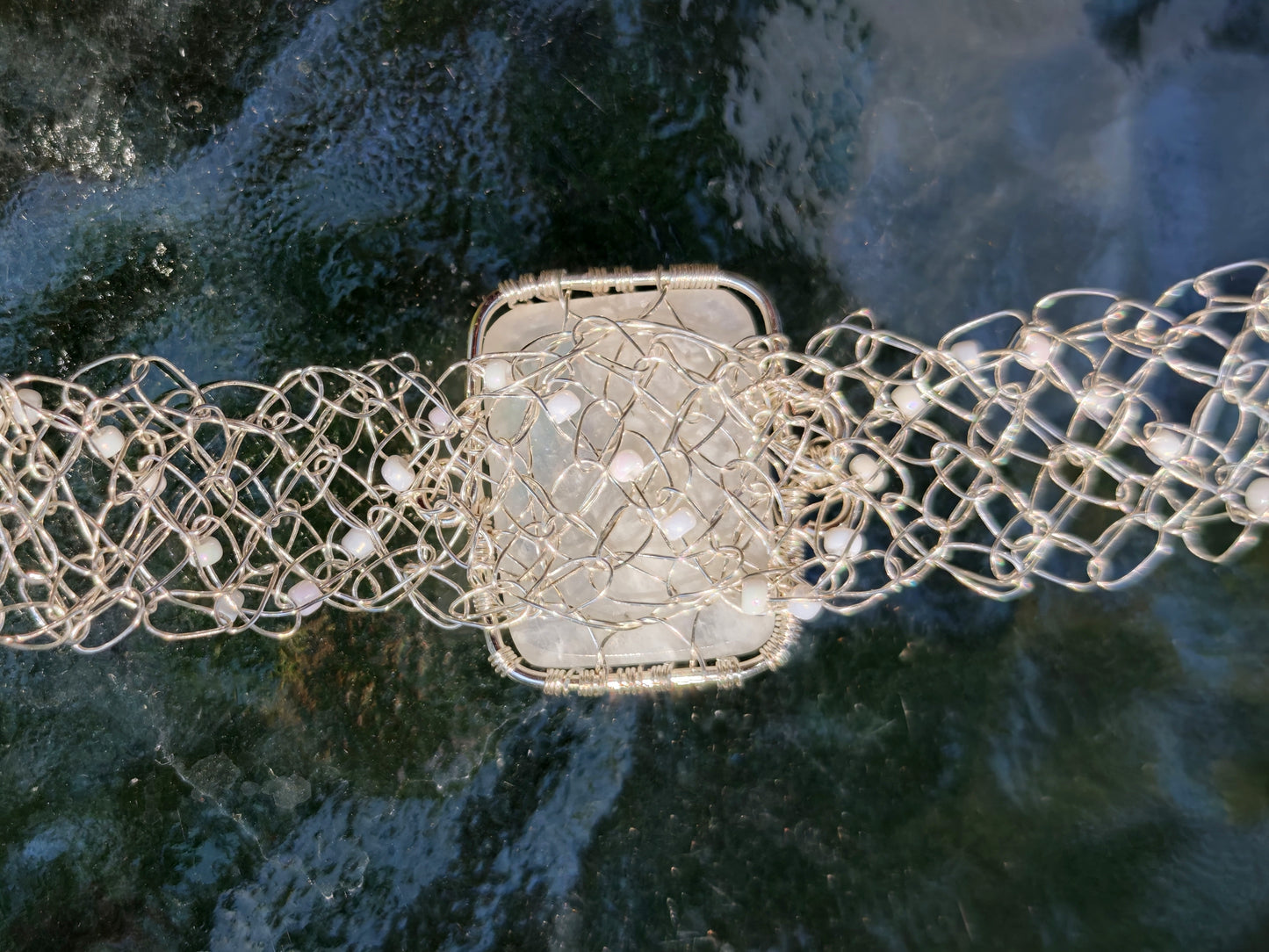 Wire crochet tree bracelet with a moonstone