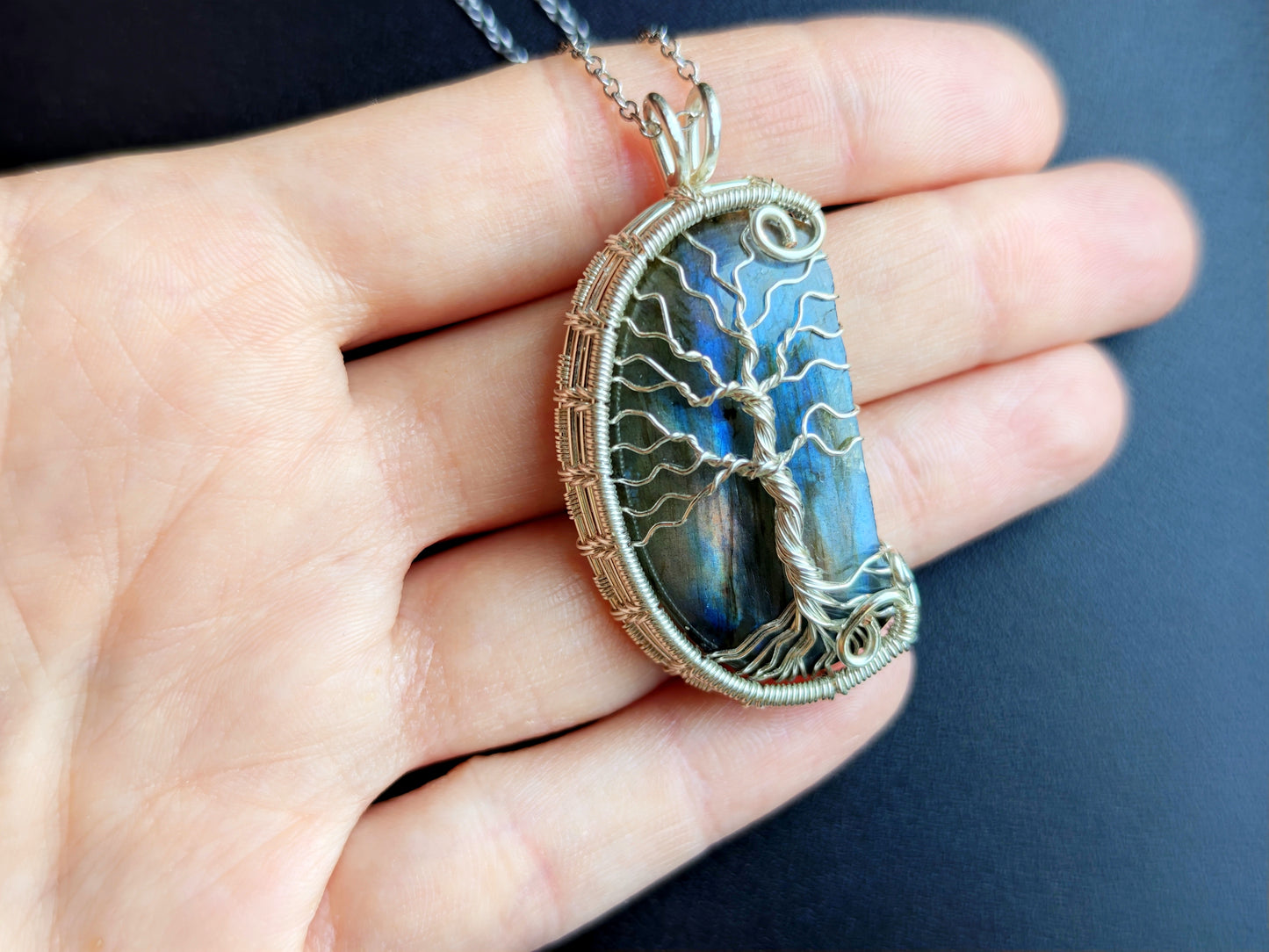 Tree pendant with a broken labradorite gemstone