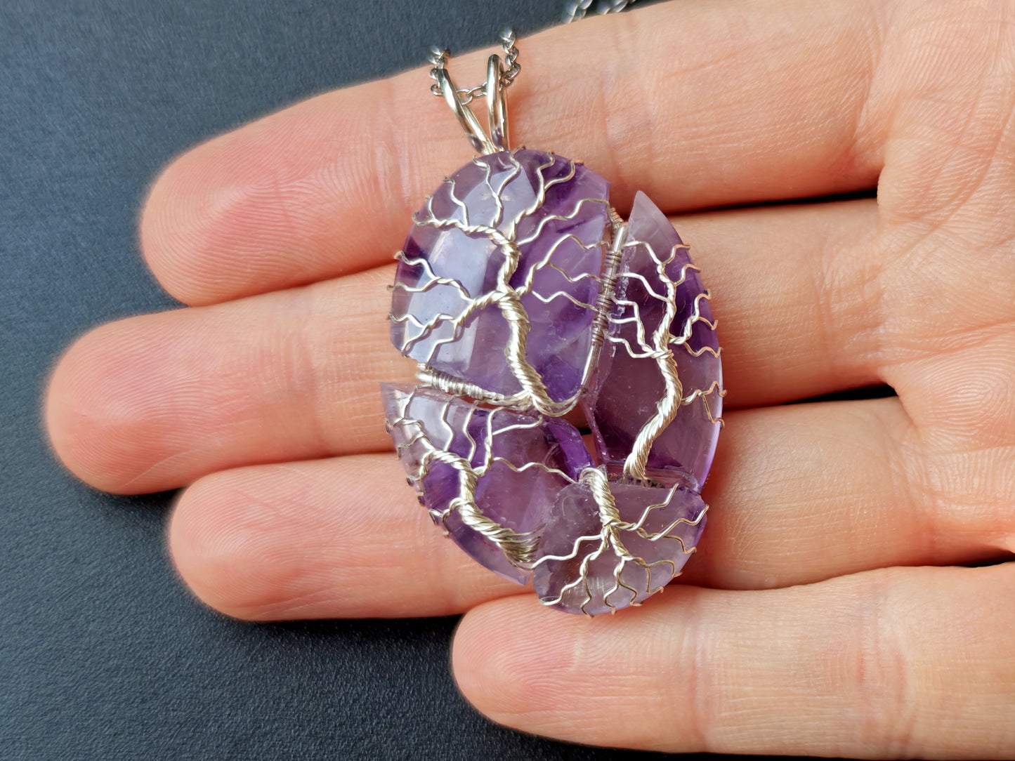 Tree pendant with a broken amethyst gemstone