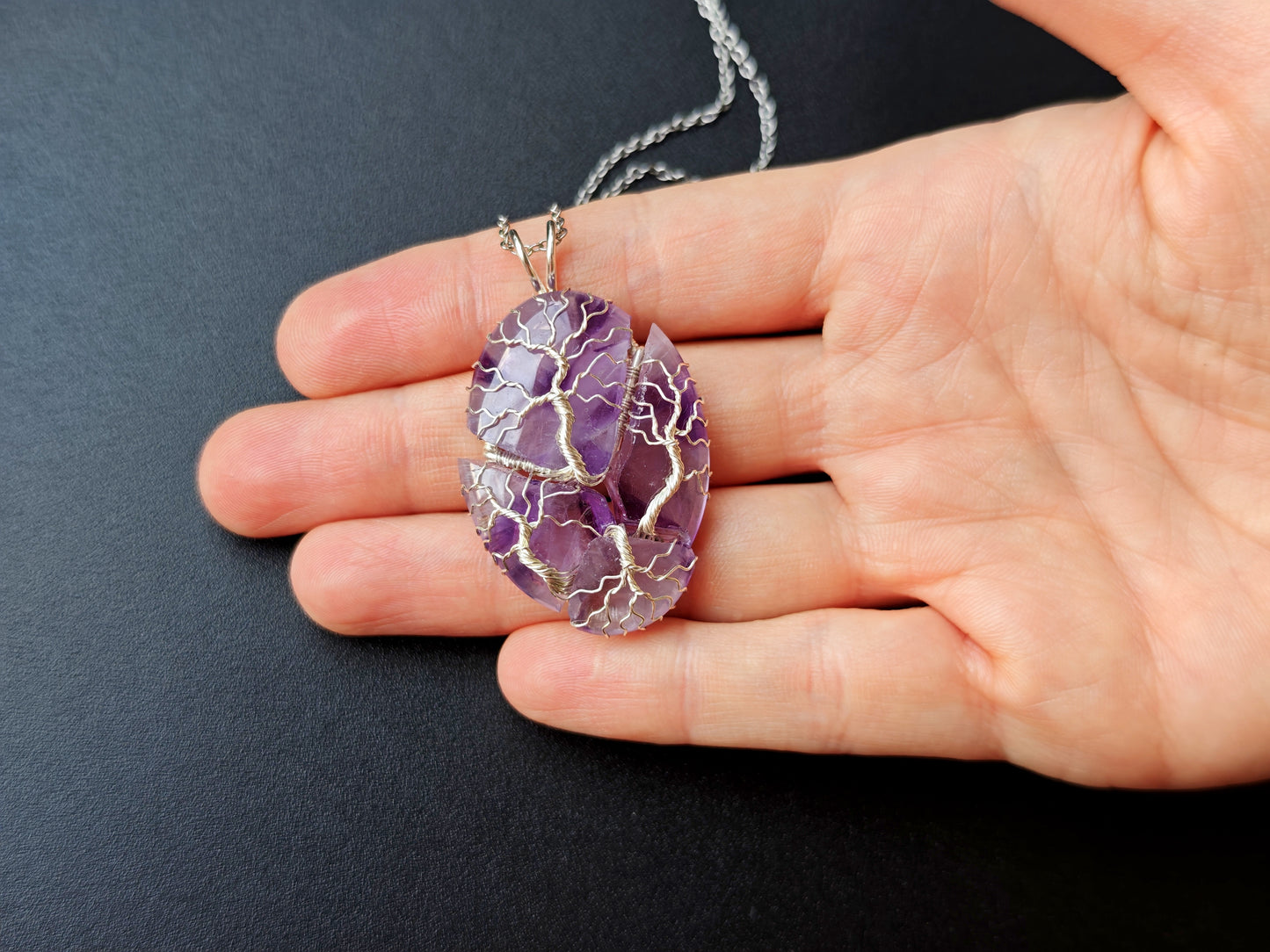 Tree pendant with a broken amethyst gemstone