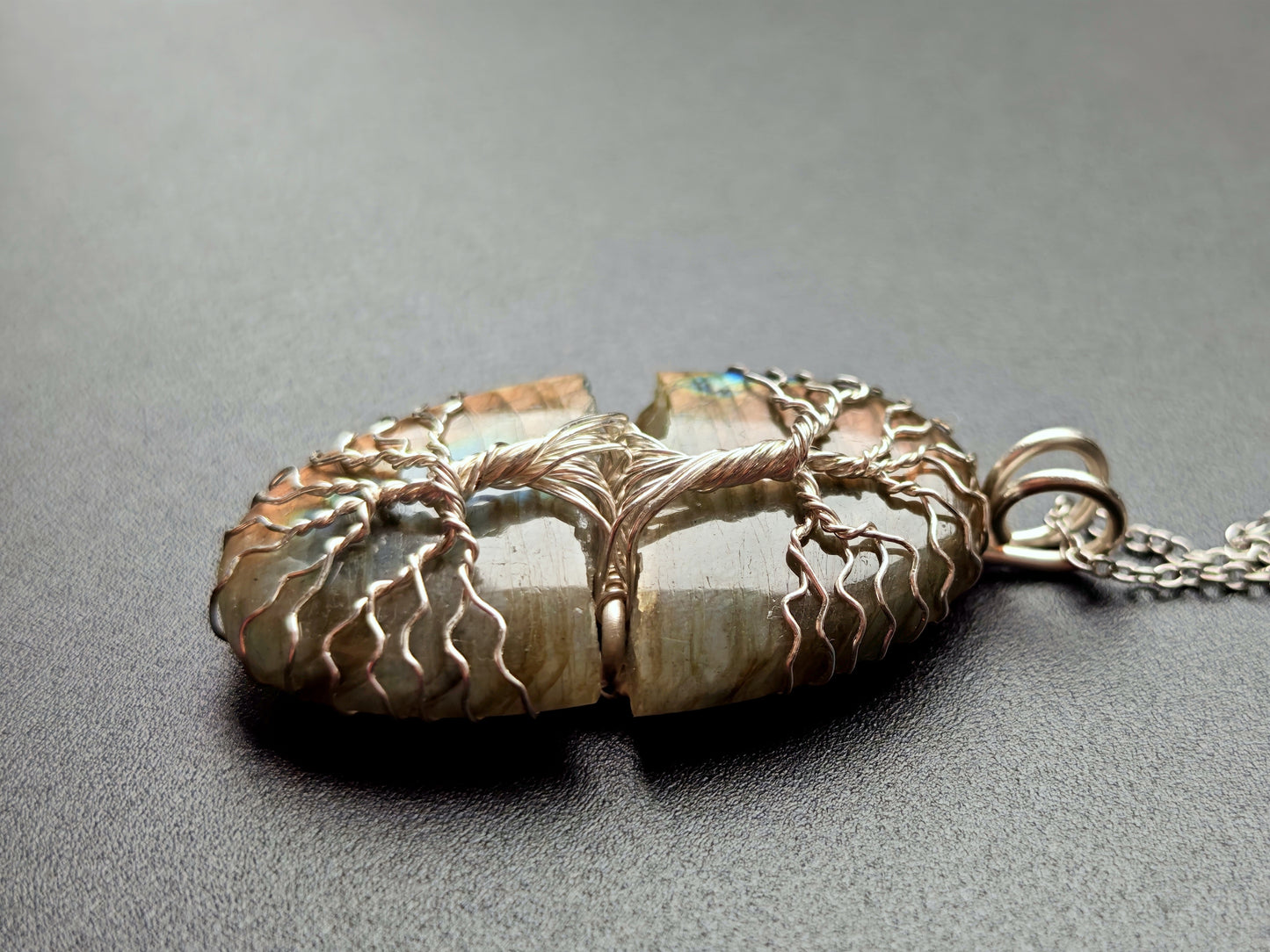 Tree pendant with a broken labradorite gemstone
