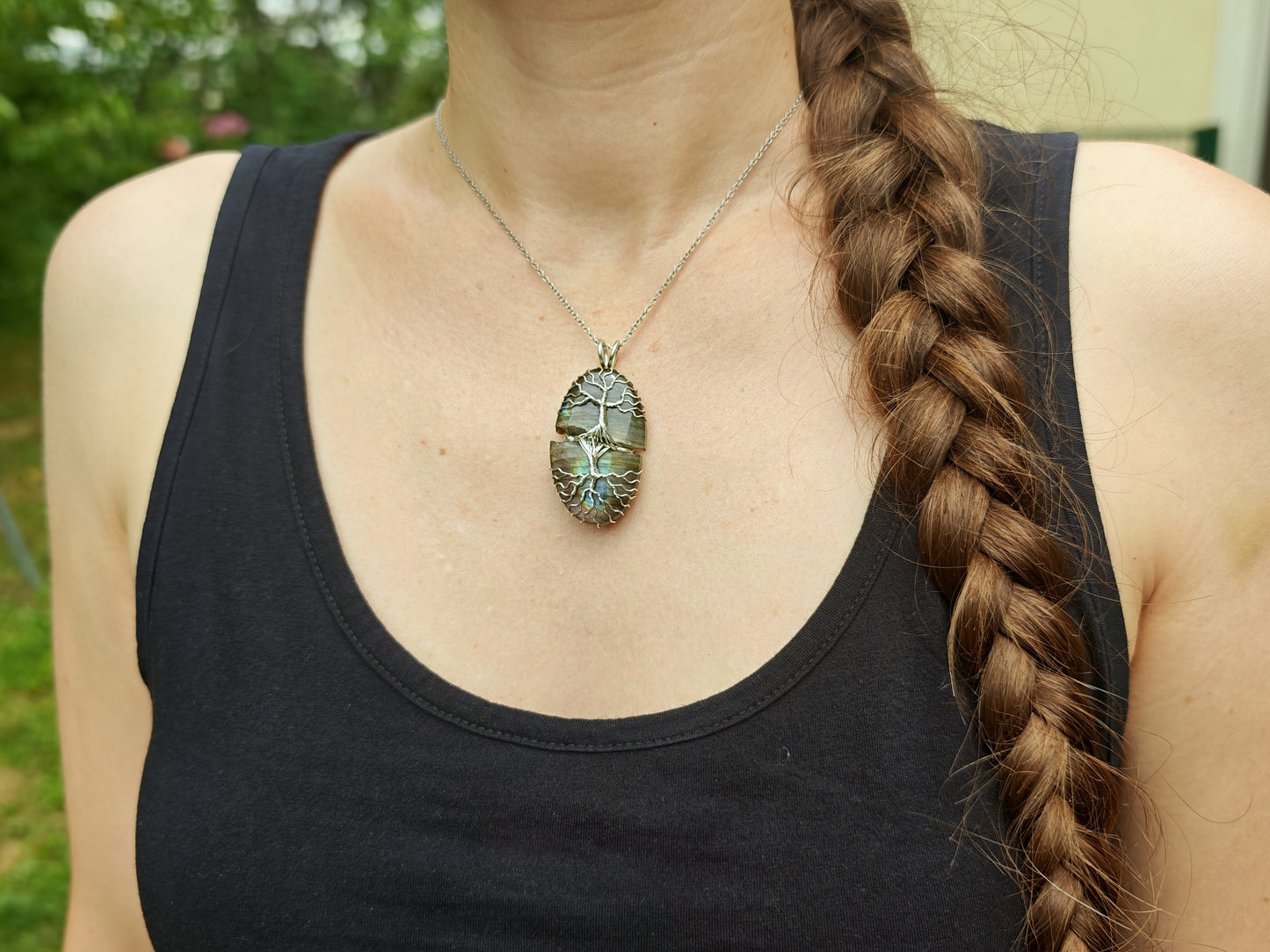 Tree pendant with a broken labradorite gemstone
