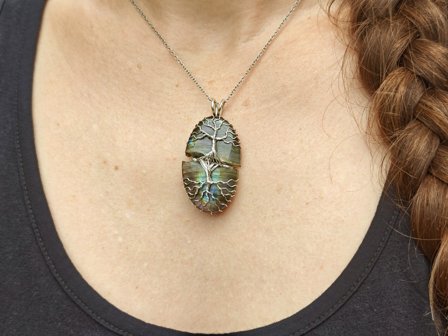 Tree pendant with a broken labradorite gemstone