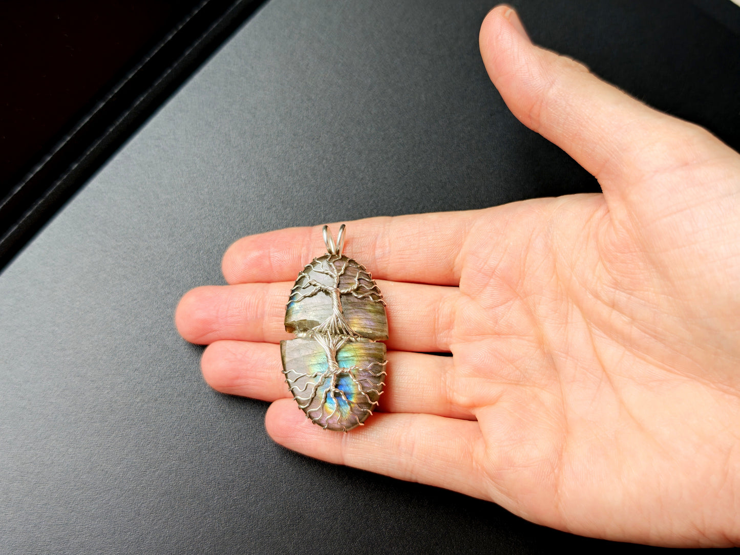 Tree pendant with a broken labradorite gemstone