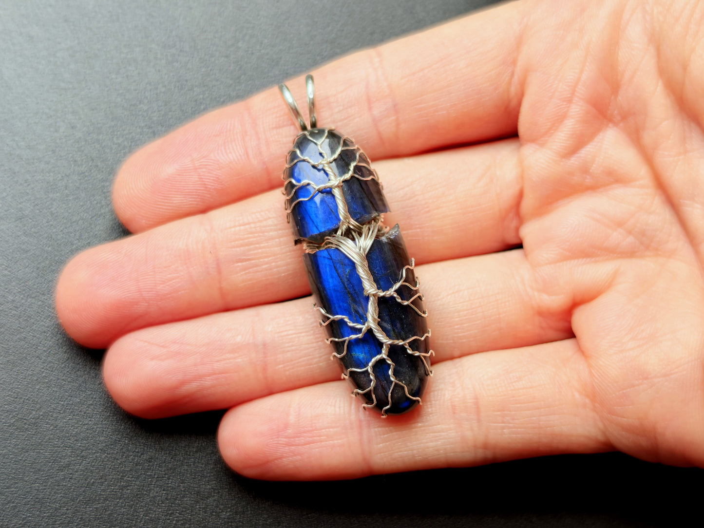 Tree pendant with a broken labradorite gemstone