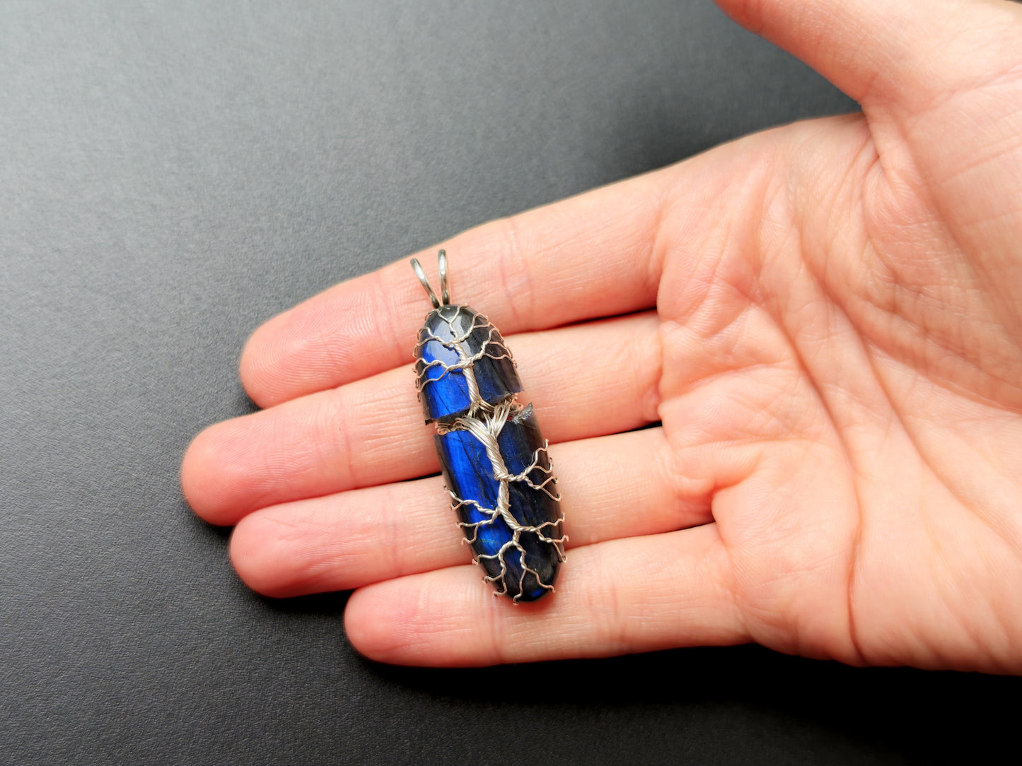 Tree pendant with a broken labradorite gemstone