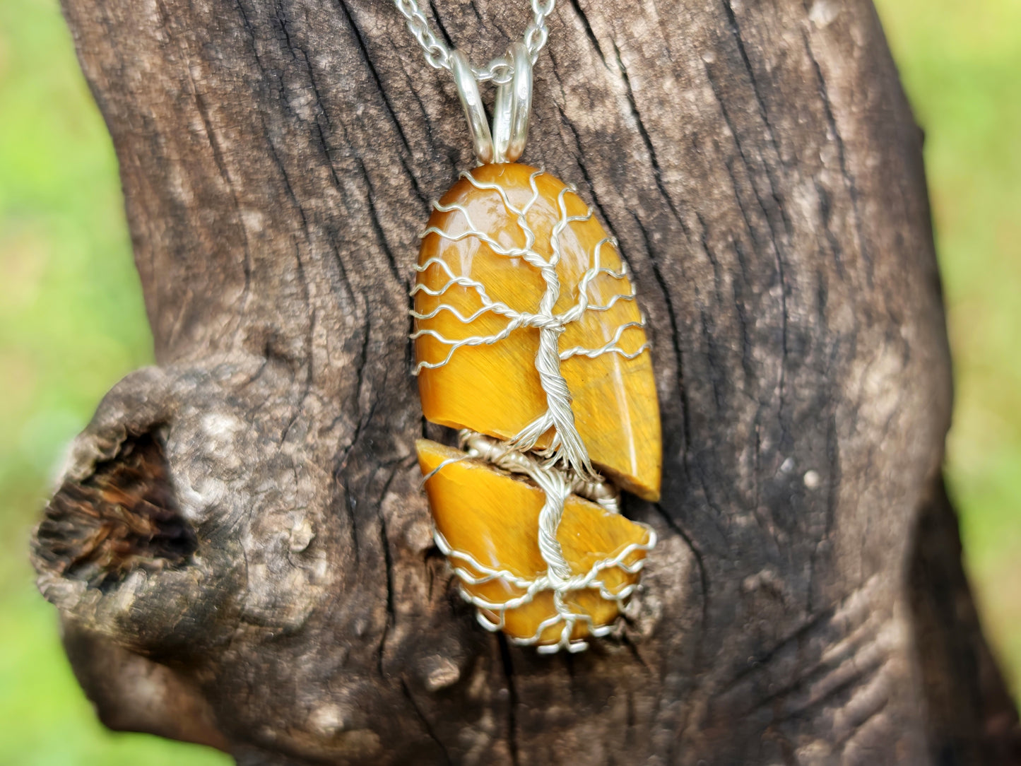 Tree pendant with a broken tiger's eye gemstone