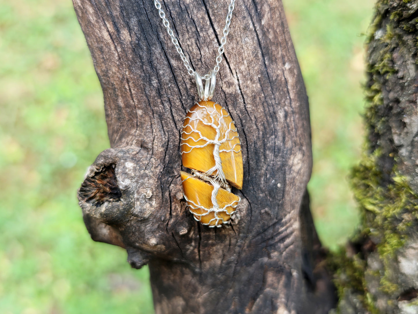 Tree pendant with a broken tiger's eye gemstone