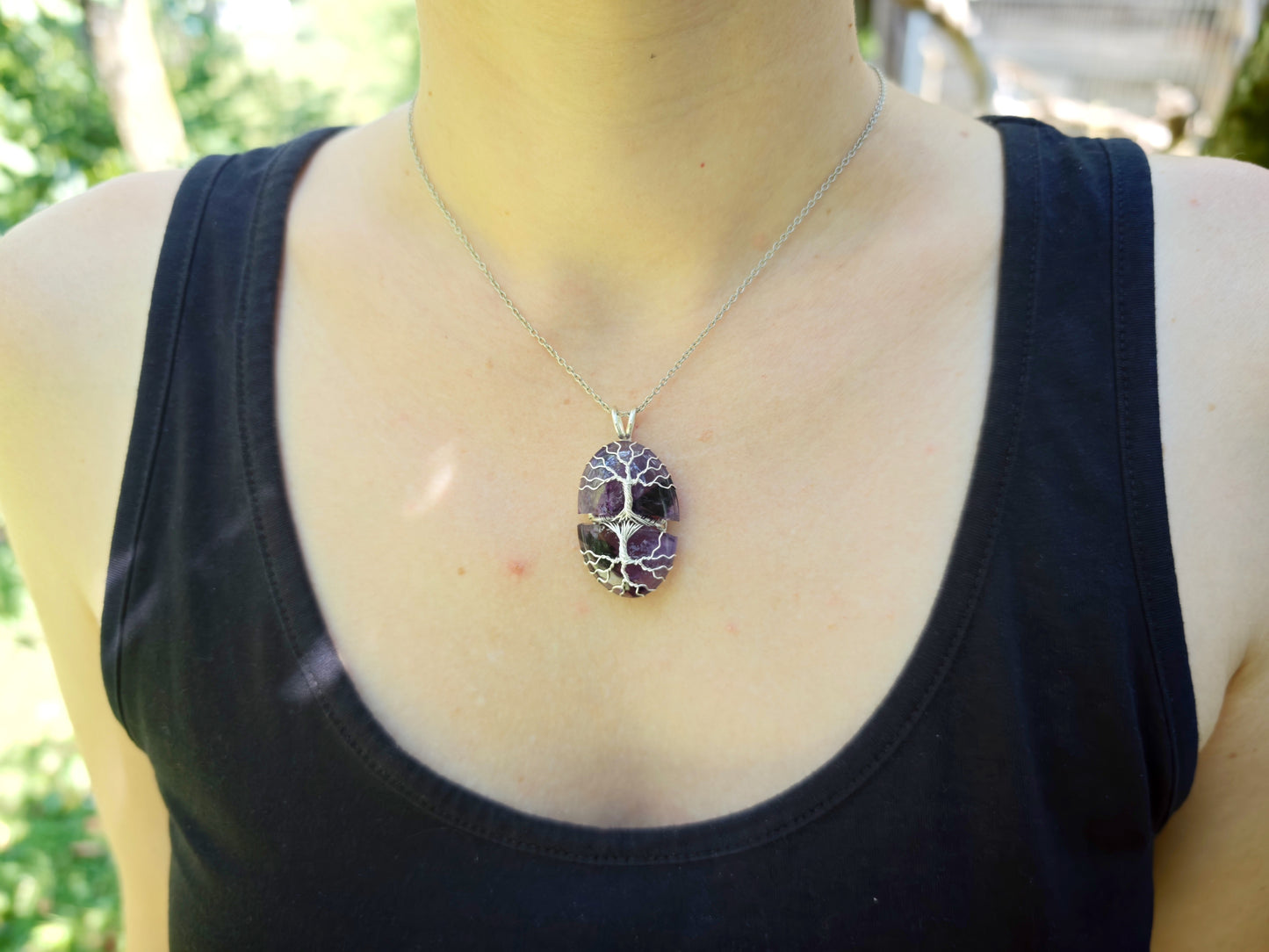 Tree pendant with a broken labradorite gemstone