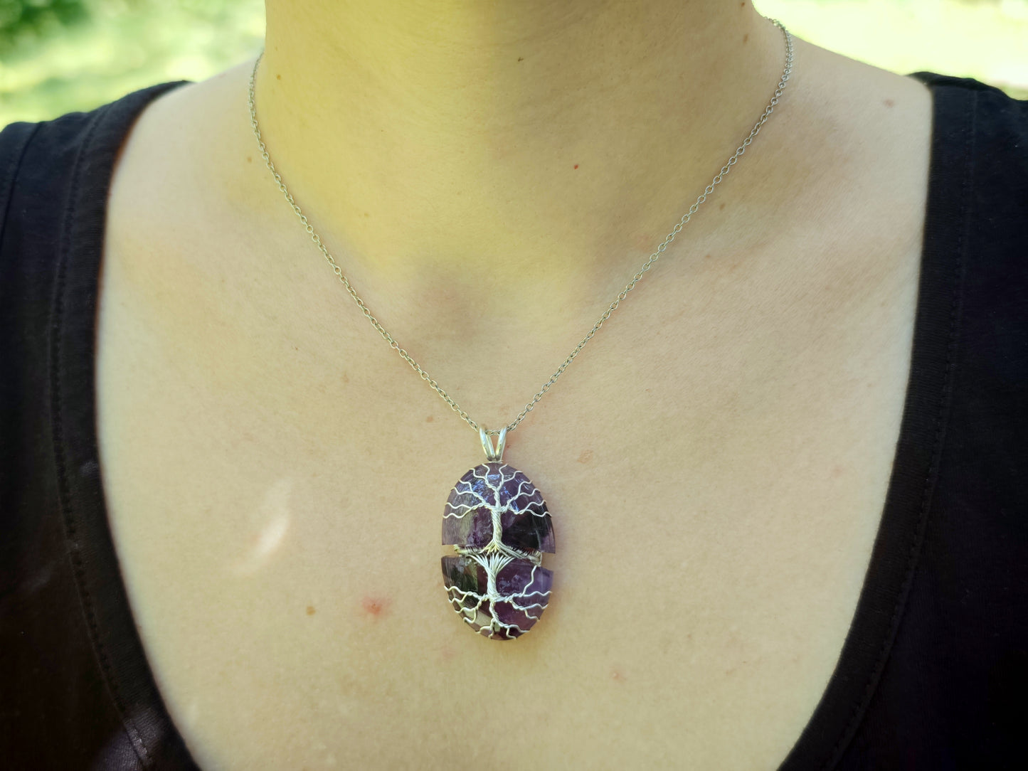 Tree pendant with a broken labradorite gemstone