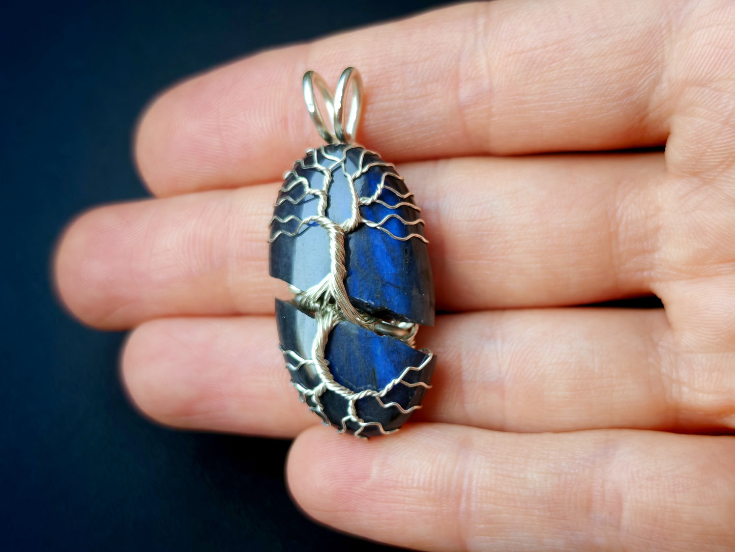 Tree pendant with a broken labradorite gemstone