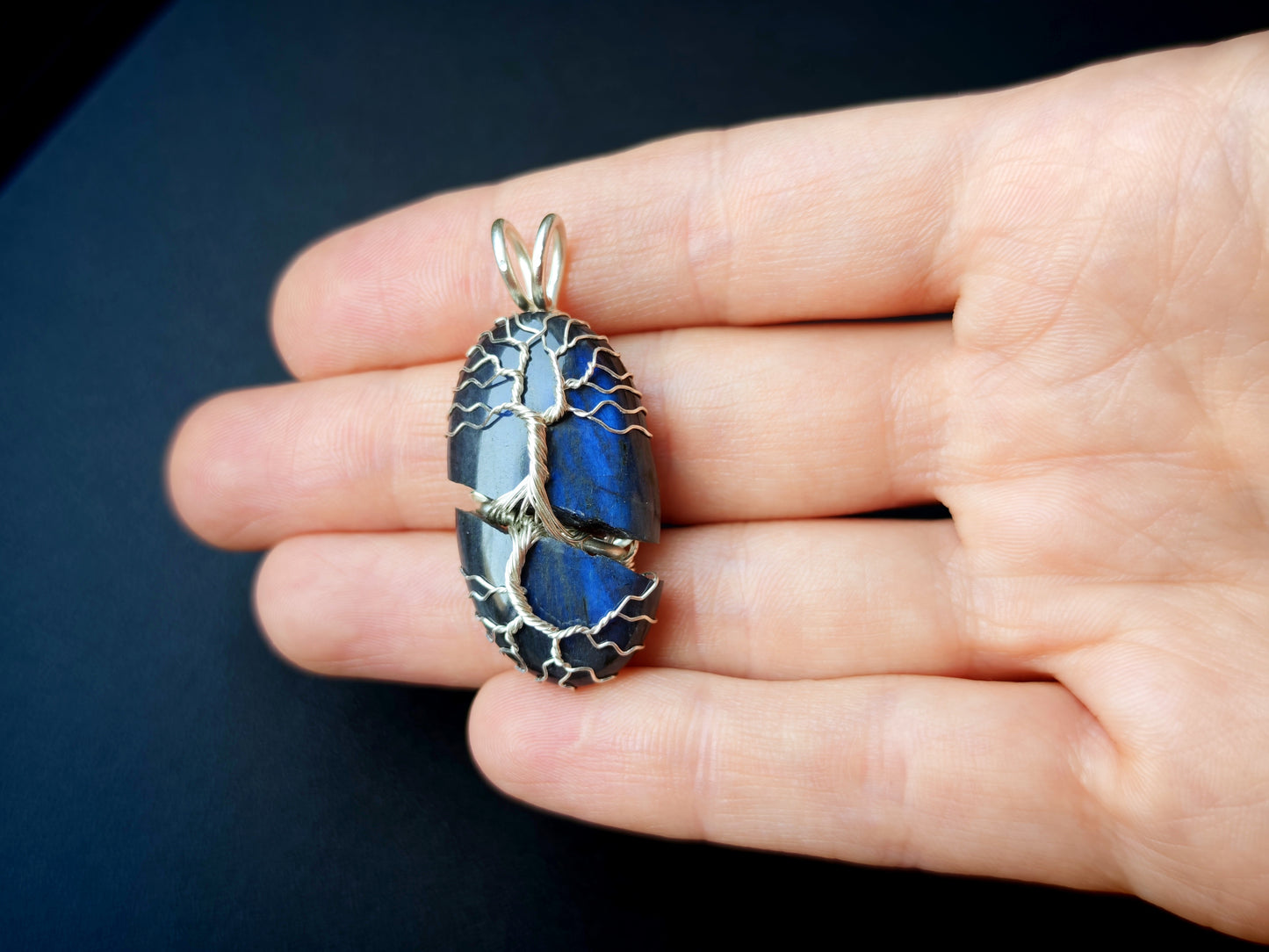Tree pendant with a broken labradorite gemstone