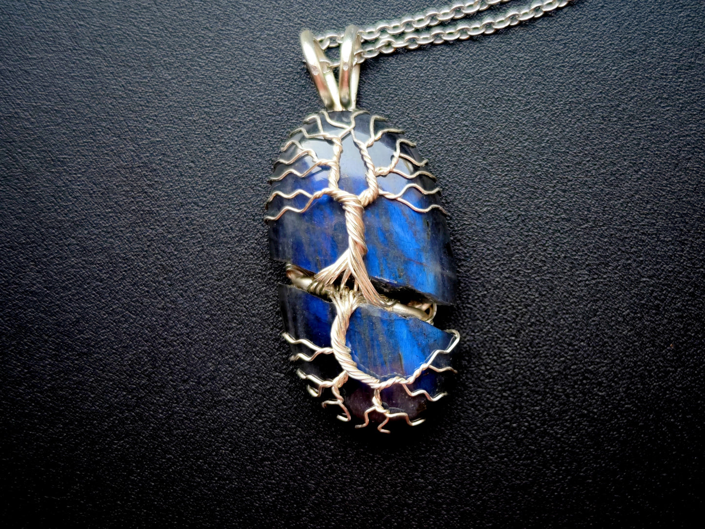 Tree pendant with a broken labradorite gemstone