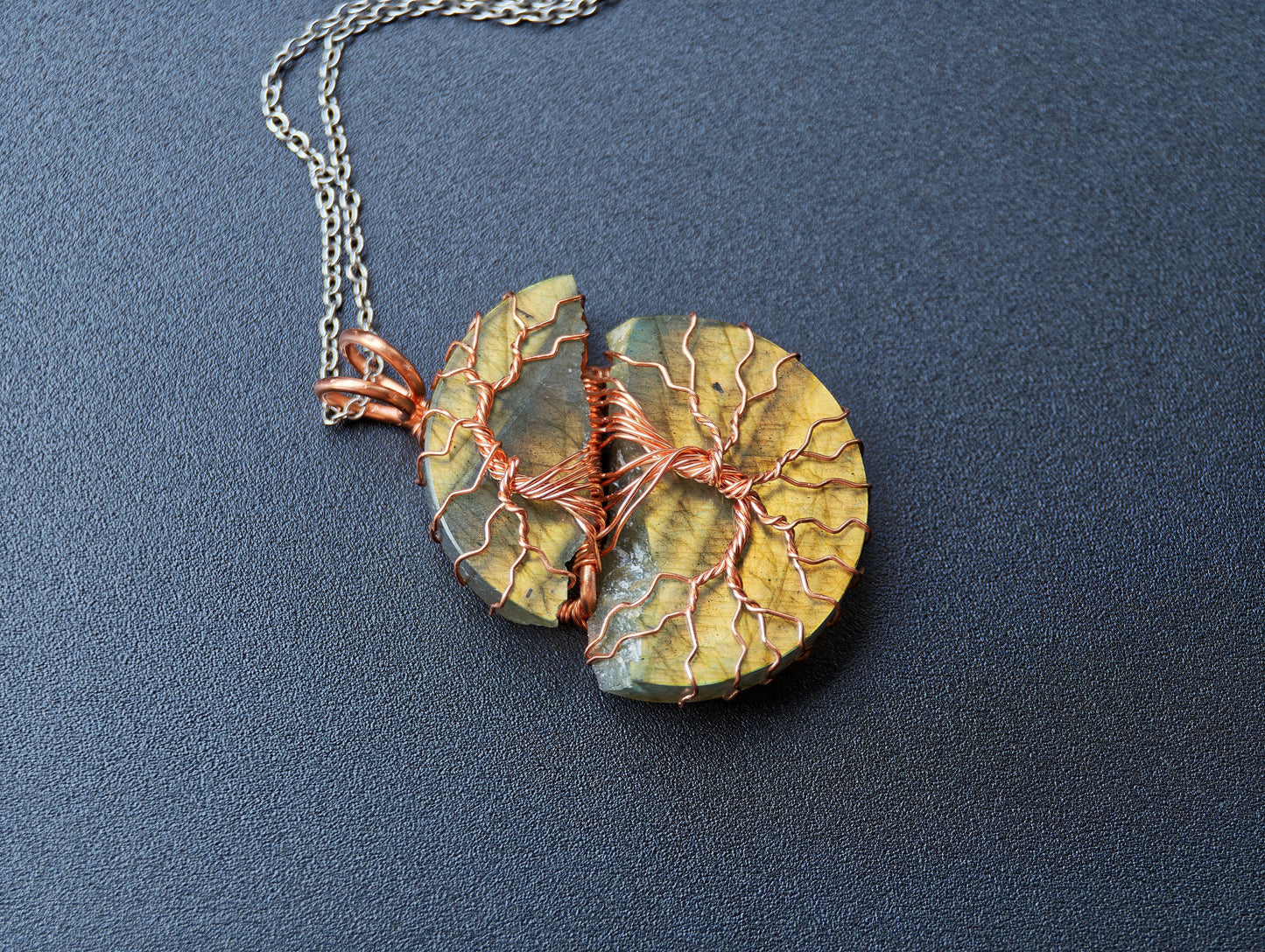 Tree pendant with a broken labradorite gemstone