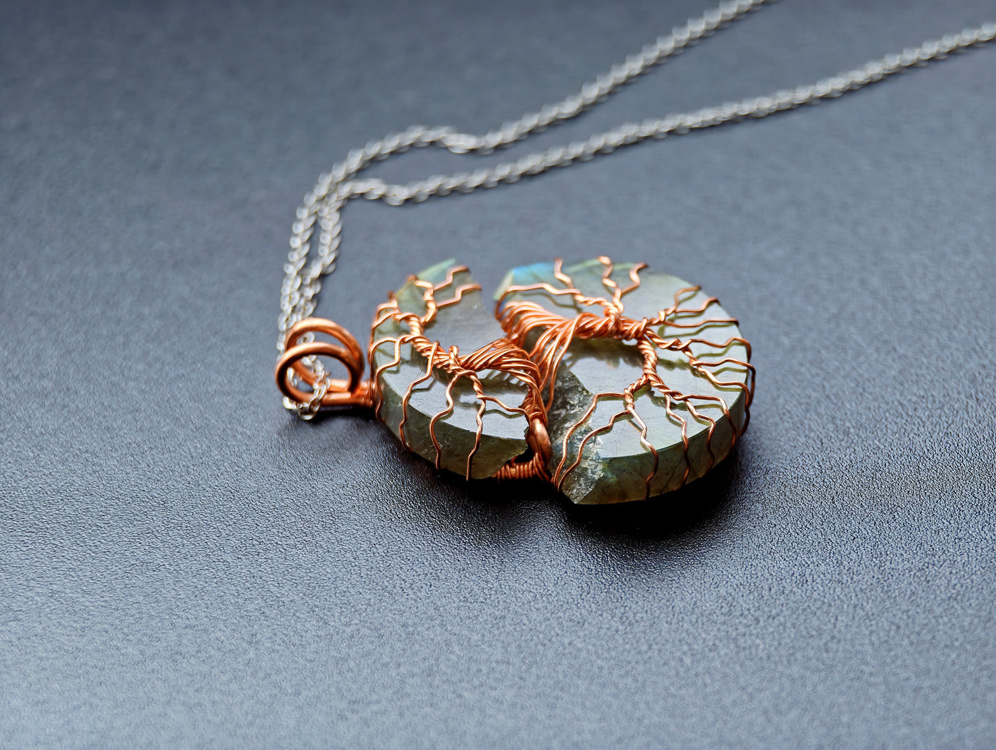 Tree pendant with a broken labradorite gemstone