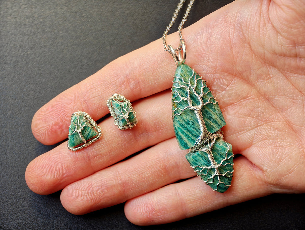 Shattered Amazonite tree jewelry set – Pendant & Earrings