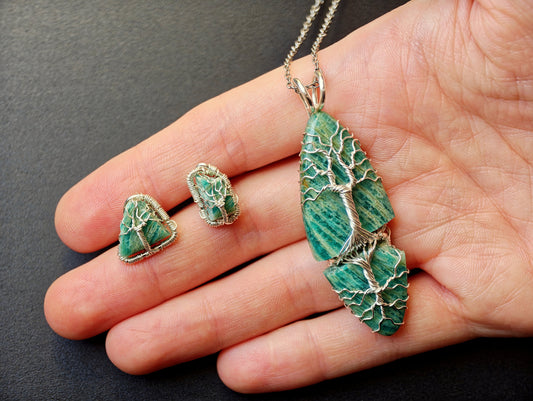 Shattered Amazonite tree jewelry set – Pendant & Earrings