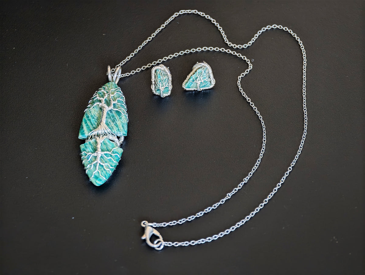Shattered Amazonite tree jewelry set – Pendant & Earrings