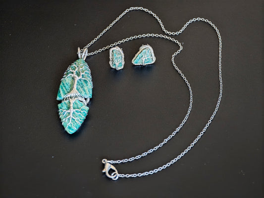 Shattered Amazonite tree jewelry set – Pendant & Earrings
