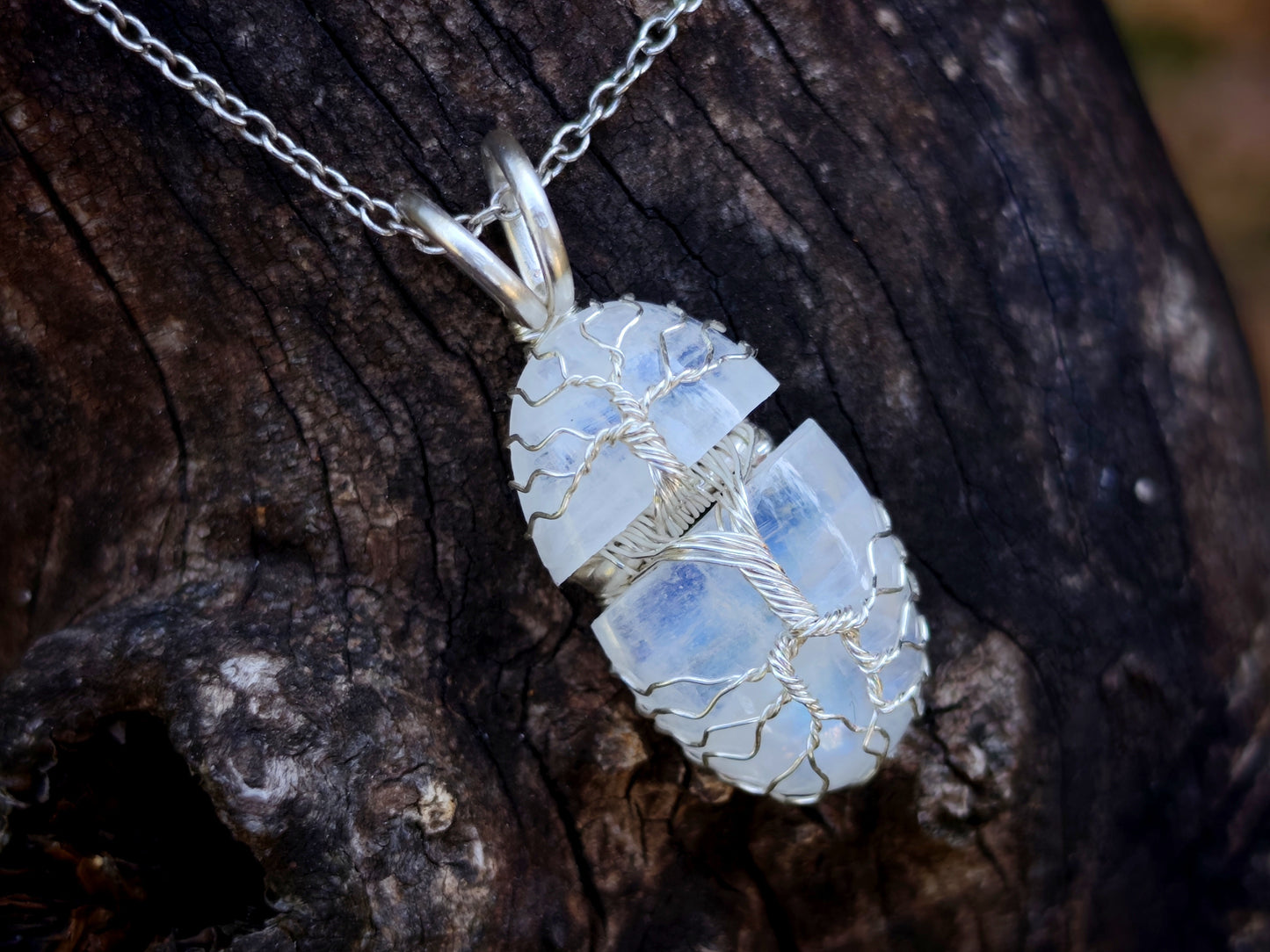 Tree pendant with a broken moonstone gemstone