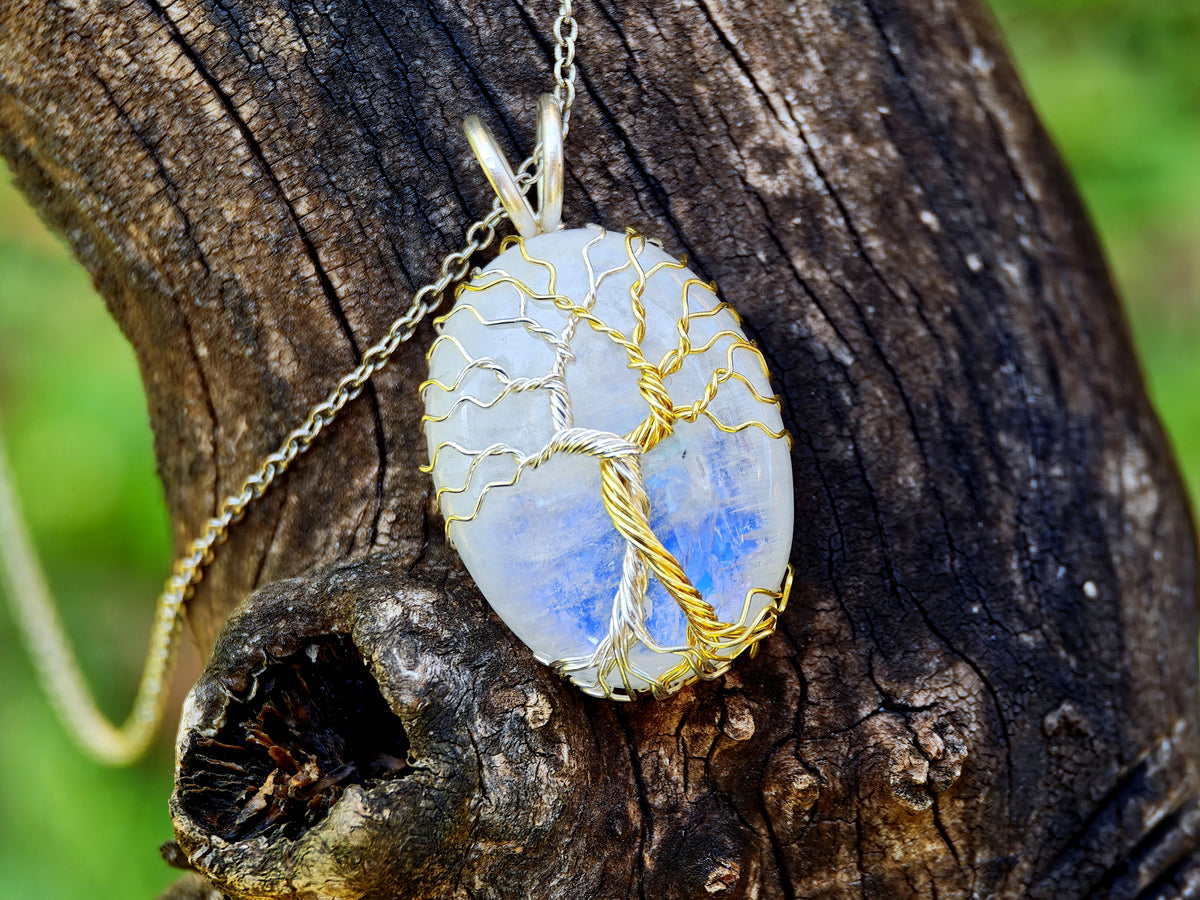 Fantasy inspired pendant with a moonstone: The Two Trees