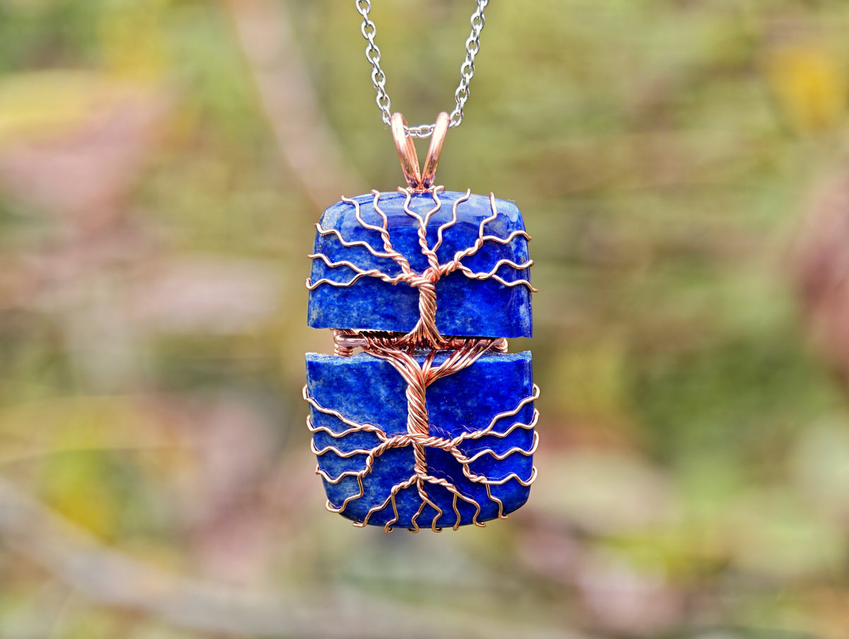 Tree pendant with a broken lapis lazuli gemstone