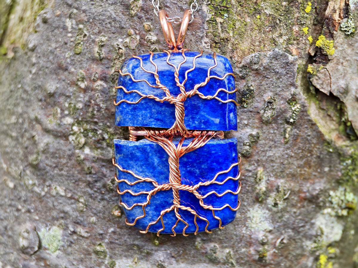 Tree pendant with a broken lapis lazuli gemstone