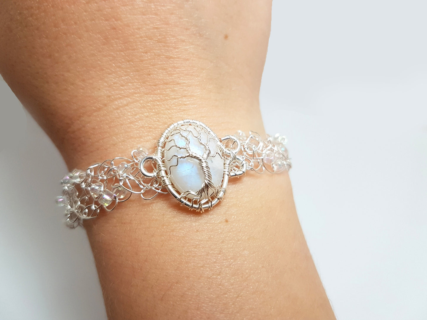 Wire crochet tree bracelet with a moonstone