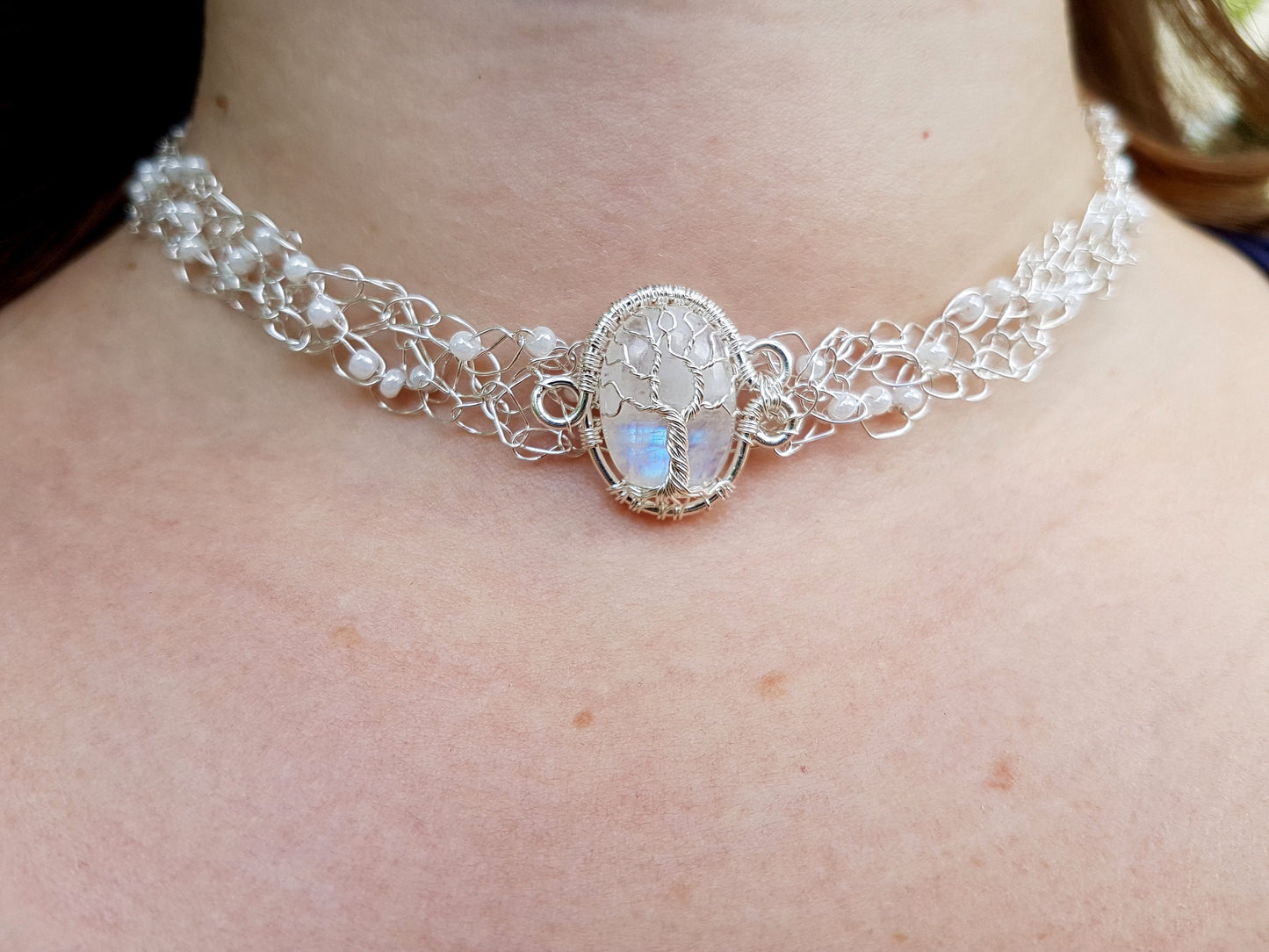Wire crochet choker with a moonstone