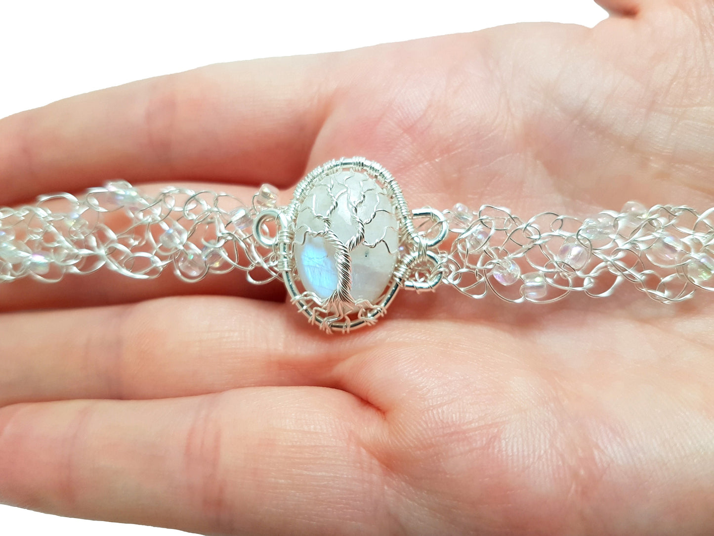 Wire crochet tree bracelet with a moonstone