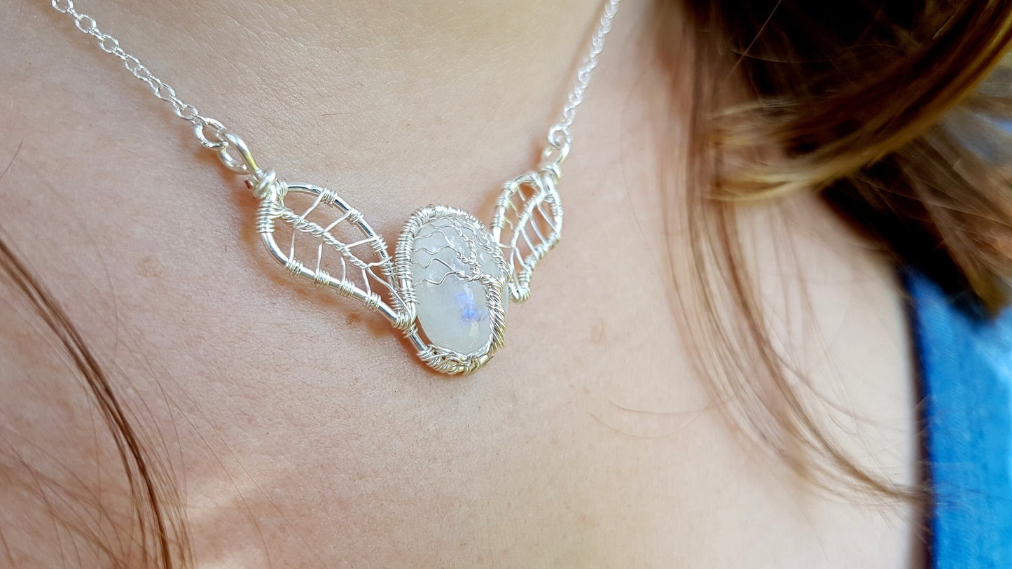 Tree - leaf necklace with a moonstone