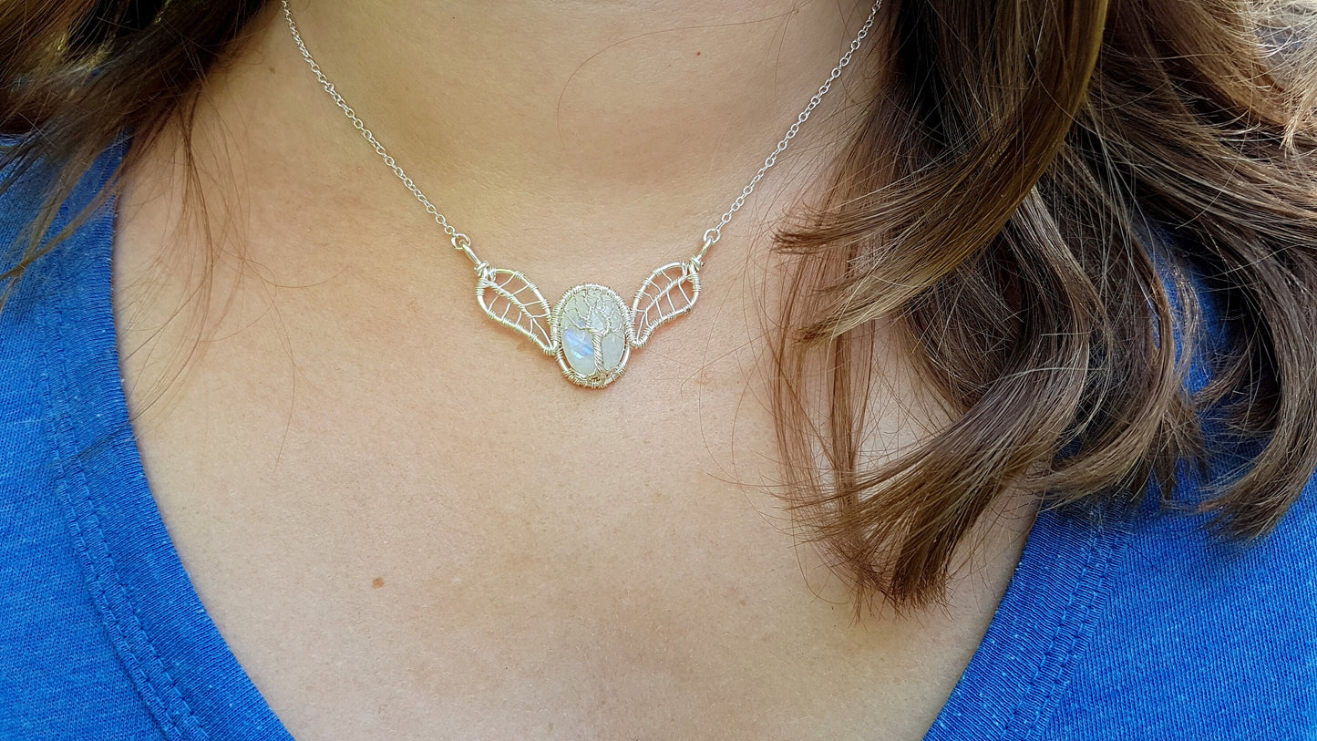 Tree - leaf necklace with a moonstone